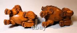 Pair of Signed Carved Antique/ Vintage Japanese Boxwood Foo Dogs. C. 1935