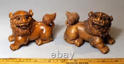 Pair of Signed Carved Antique/ Vintage Japanese Boxwood Foo Dogs. C. 1935