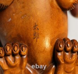 Pair of Signed Carved Antique/ Vintage Japanese Boxwood Foo Dogs. C. 1935
