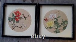 Pair of Signed Chinese Round Paintings on Silk Flowers Bird Butterfly