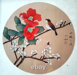 Pair of Signed Chinese Round Paintings on Silk Flowers Bird Butterfly
