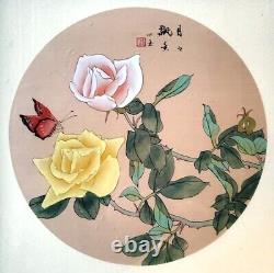 Pair of Signed Chinese Round Paintings on Silk Flowers Bird Butterfly