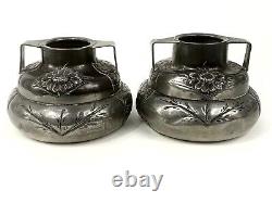 Pair of Signed Etain Garanti Pur Pewter Antique Art Nouveau Floral Vases
