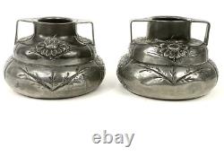 Pair of Signed Etain Garanti Pur Pewter Antique Art Nouveau Floral Vases