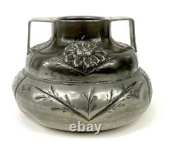 Pair of Signed Etain Garanti Pur Pewter Antique Art Nouveau Floral Vases