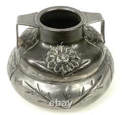 Pair of Signed Etain Garanti Pur Pewter Antique Art Nouveau Floral Vases
