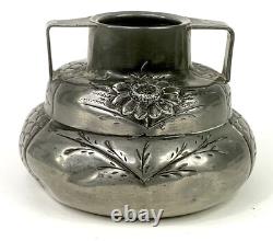 Pair of Signed Etain Garanti Pur Pewter Antique Art Nouveau Floral Vases