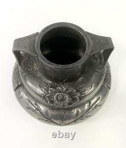 Pair of Signed Etain Garanti Pur Pewter Antique Art Nouveau Floral Vases