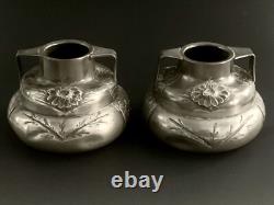 Pair of Signed Etain Garanti Pur Pewter Antique Art Nouveau Floral Vases
