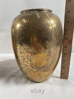 Pair of Signed HEAVY BRONZE Vase Japanese Etched Grape Bird Meiji Period