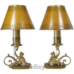 Pair of Signed Handel Electric Boudoir Lamps with Griffins (Rare)
