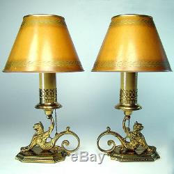 Pair of Signed Handel Electric Boudoir Lamps with Griffins (Rare)