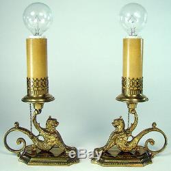 Pair of Signed Handel Electric Boudoir Lamps with Griffins (Rare)