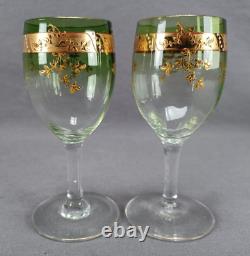 Pair of Signed Moser Raised Gold Floral Green & Clear Claret Wine Glasses