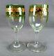 Pair Of Signed Moser Raised Gold Floral Green & Clear Claret Wine Glasses
