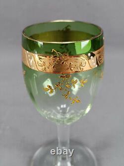 Pair of Signed Moser Raised Gold Floral Green & Clear Claret Wine Glasses