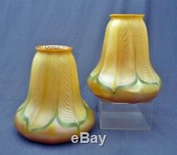 Pair of Signed Quezal Gold Aurene Pulled Feather Art Nouveau Glass Light Shades