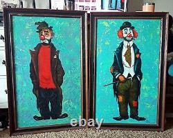Pair of Signed Vintage Vargas Hobo Clown Oil Paintings HONG KONG