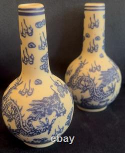 Pair of Small Bottle Shaped Chinese Dragon Vases Signed