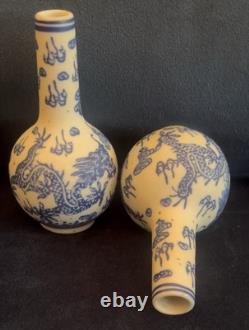 Pair of Small Bottle Shaped Chinese Dragon Vases Signed