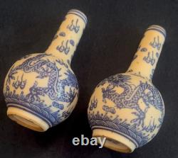 Pair of Small Bottle Shaped Chinese Dragon Vases Signed