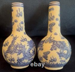 Pair of Small Bottle Shaped Chinese Dragon Vases Signed