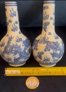 Pair of Small Bottle Shaped Chinese Dragon Vases Signed