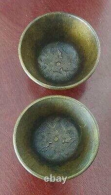 Pair of Stunning Signed Vintage Eastern Bronze Rice Bowls