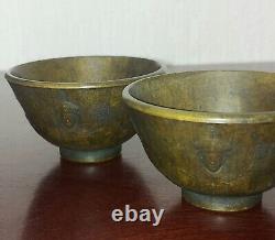 Pair of Stunning Signed Vintage Eastern Bronze Rice Bowls