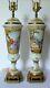 Pair Of Tall French Sevres Style Hand Painted Gold Gilded Porcelain Lamps Signed