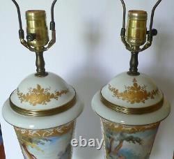 Pair of Tall French Sevres Style Hand Painted Gold Gilded Porcelain Lamps Signed