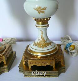 Pair of Tall French Sevres Style Hand Painted Gold Gilded Porcelain Lamps Signed
