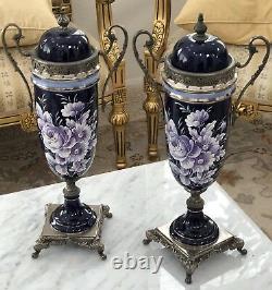 Pair of Vases Vintage Gilt 18 COBALT Hand Painted Floral Italian Signed Sceici