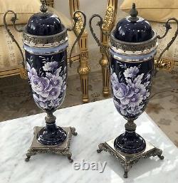 Pair of Vases Vintage Gilt 18 COBALT Hand Painted Floral Italian Signed Sceici