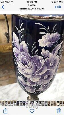 Pair of Vases Vintage Gilt 18 COBALT Hand Painted Floral Italian Signed Sceici