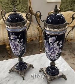Pair of Vases Vintage Gilt 18 COBALT Hand Painted Floral Italian Signed Sceici
