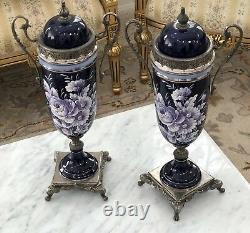 Pair of Vases Vintage Gilt 18 COBALT Hand Painted Floral Italian Signed Sceici