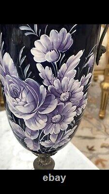 Pair of Vases Vintage Gilt 18 COBALT Hand Painted Floral Italian Signed Sceici