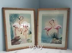 Pair of Vintage Florida Flamingo Paintings Signed Miljean