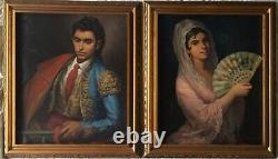 Pair of Vintage Framed Spanish Oil Paintings of Young Couple by JUAN ANTONIO