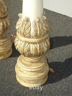 Pair of Vintage French Country Off White Table Lamps w Acanthus Leaves Signed
