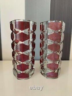Pair of Vintage French Mid Century Crystal Vase Clear And Dark Red Marked