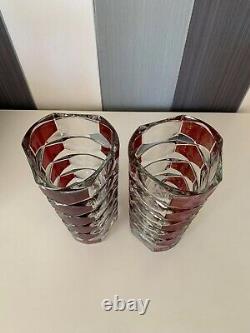 Pair of Vintage French Mid Century Crystal Vase Clear And Dark Red Marked