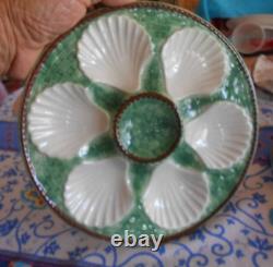Pair of Vintage French majolica OYSTER PLATE Longchamp signed both