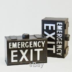 Pair of Vintage Industrial 1940s EMERGENCY EXIT Illuminated Light Box Signs