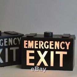 Pair of Vintage Industrial 1940s EMERGENCY EXIT Illuminated Light Box Signs