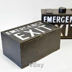 Pair of Vintage Industrial 1940s EMERGENCY EXIT Illuminated Light Box Signs