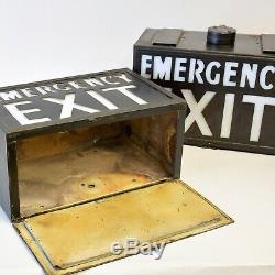 Pair of Vintage Industrial 1940s EMERGENCY EXIT Illuminated Light Box Signs