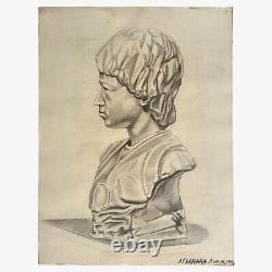 Pair of Vintage Realist Sketches of Antique Italian Bust, Signed 1946