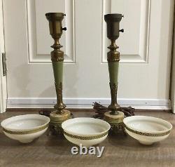 Pair of Vintage Rembrandt 2040 Torch Table Lamp Bronze Marble 3 Uranium Glass